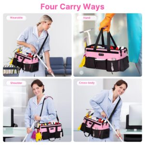 JKAOO Large Wearable Cleaning Caddy Bags,Cleaning Supplies Storage Bag with Handles and Adjustable Shoulder Strap and Removable Waist Straps,Waterproof Cleaning Bags for Home,Car,Office (Pink)