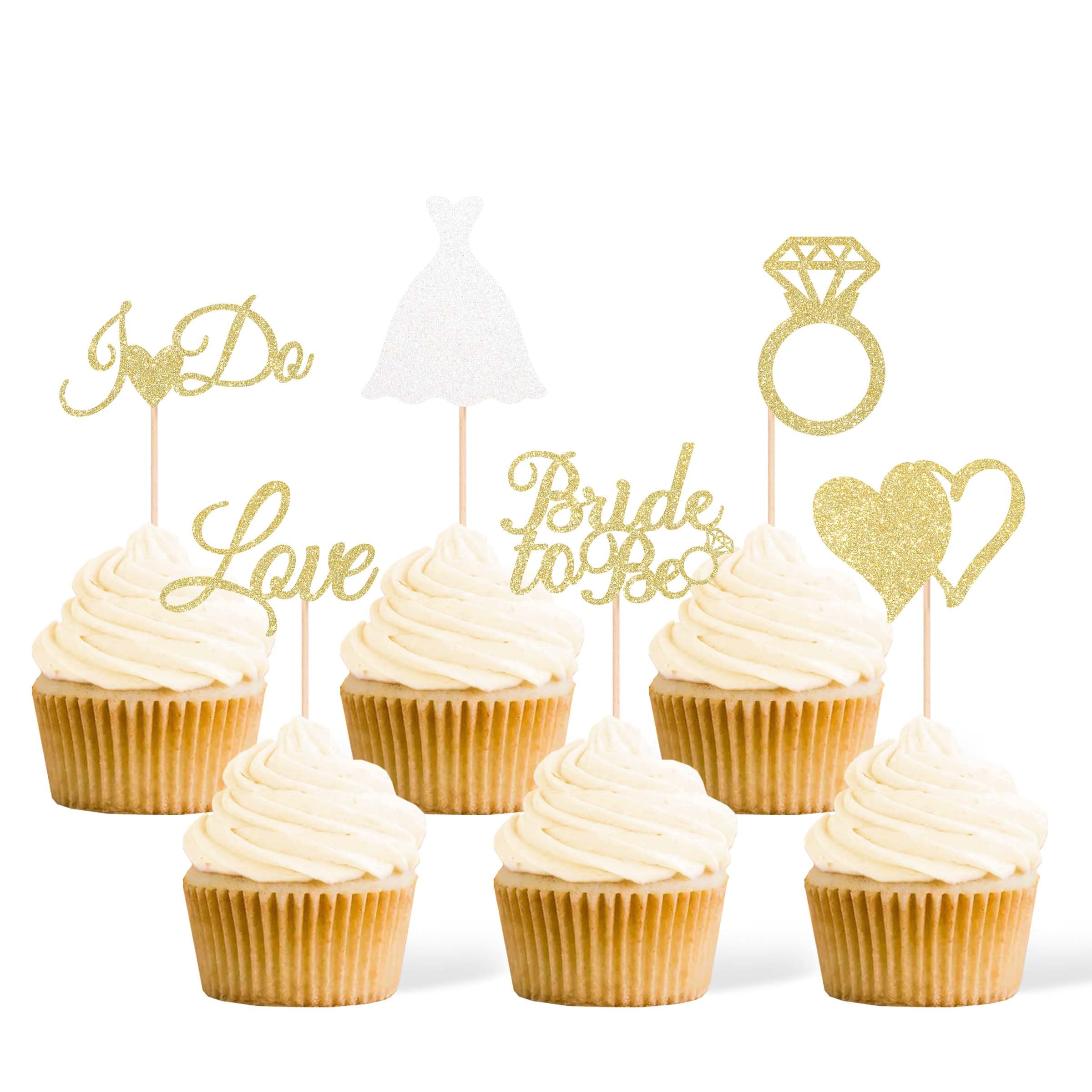 Gexolenu 24 Pcs Bride To Be Cupcake Toppers Gold Glitter Double-Sided I Do Love Heart Diamond Ring Cupcake Picks Decorations For Bridal Shower Wedding Engagement Party Supplies