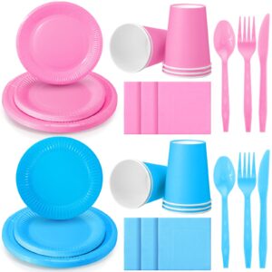 dandat 280 pieces pink blue paper plates and napkins 9oz paper cups plastic knives forks spoons disposable tableware pack for gender reveal baby shower birthday party supplies, serves 40