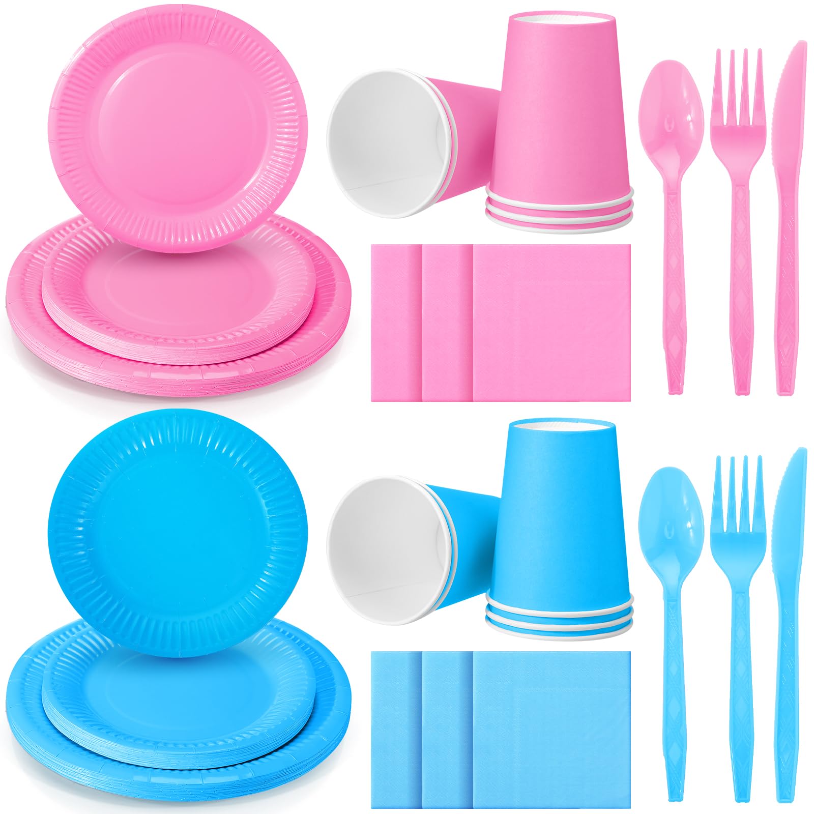 Dandat 280 Pieces Pink Blue Paper Plates and Napkins 9oz Paper Cups Plastic Knives Forks Spoons Disposable Tableware Pack for Gender Reveal Baby Shower Birthday Party Supplies, Serves 40