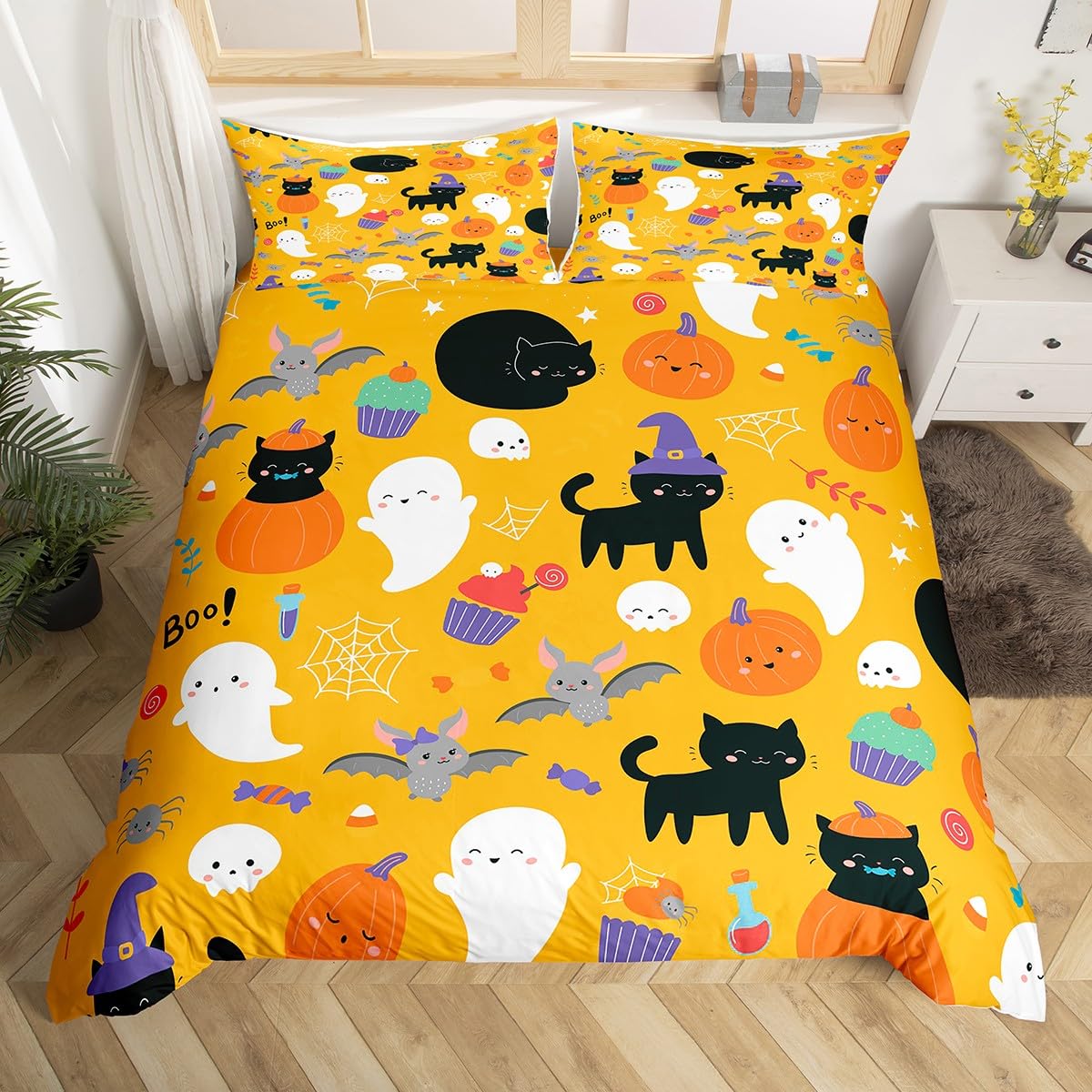 Erosebridal Halloween Bedding Set Queen,Pumpkin Lantern Duvet Cover Cartoon Ghost Comforter Cover Cute Cat Bats Halloween Decoration,Halloween Candy Spider Web Gothic Skeleton Halloween Decor Orange