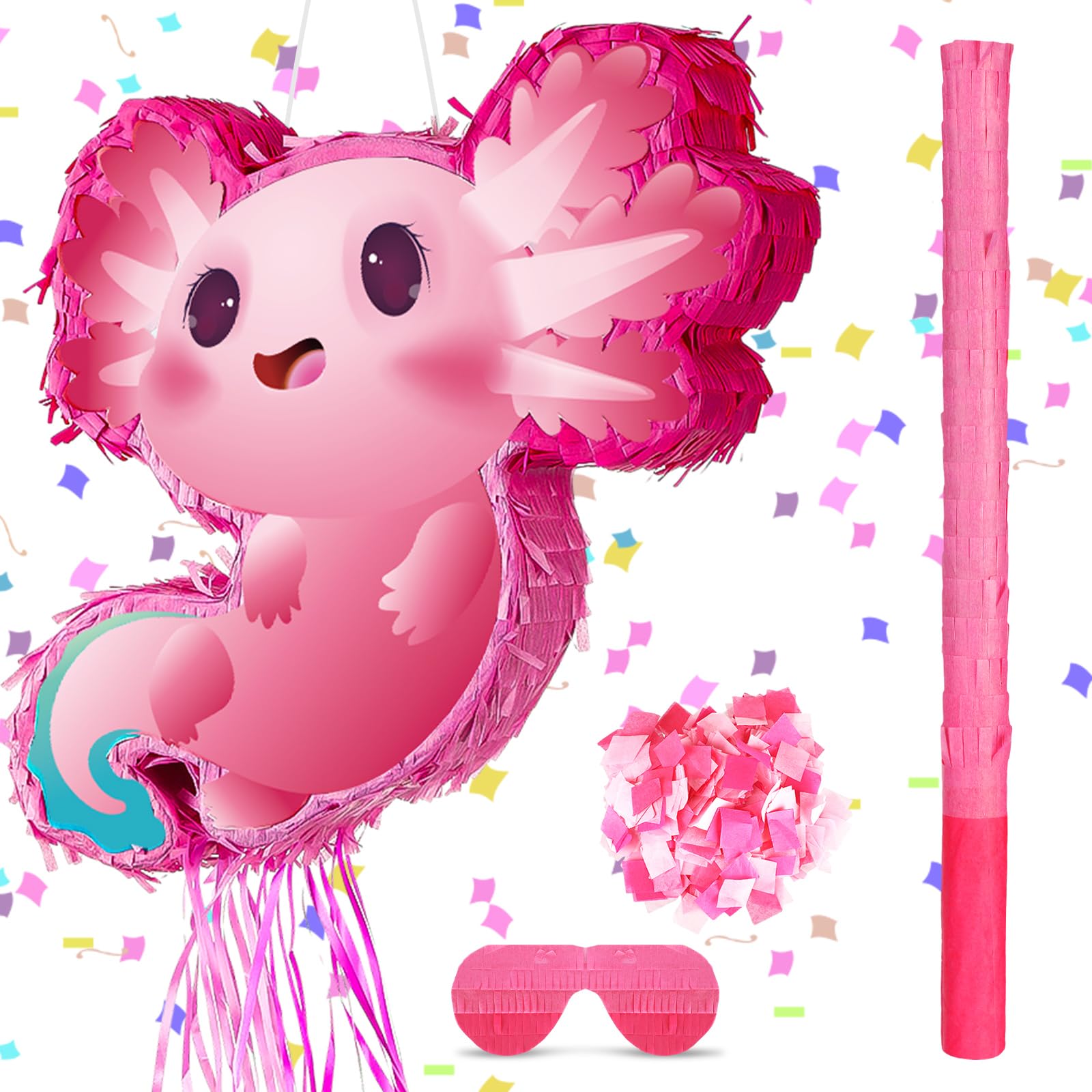 Seematn Axolotl Pinata Birthday Party Supplies Animals Pinata with a Blindfold, Bat and Confetti for Axolotl Party Favor Kid Girl Birthday Baby Shower Easter Party Supplies, 15.75 x 12.2 x 2.95 Inch