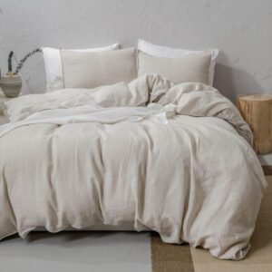 meadow park 100% linen duvet cover set queen, 3 pieces (1 duvet cover and 2 pillow shams), basic style with button closure, washed french flax, queen size, natural color