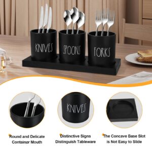 ALPIRIRAL Silverware Caddy, 4 Pieces Kitchen Utensil Holder for Countertop, Black Utensil Holder for Party, Silverware Holder for Party with Wood Tray, Farmhouse Cutlery Holder Storage Organizer