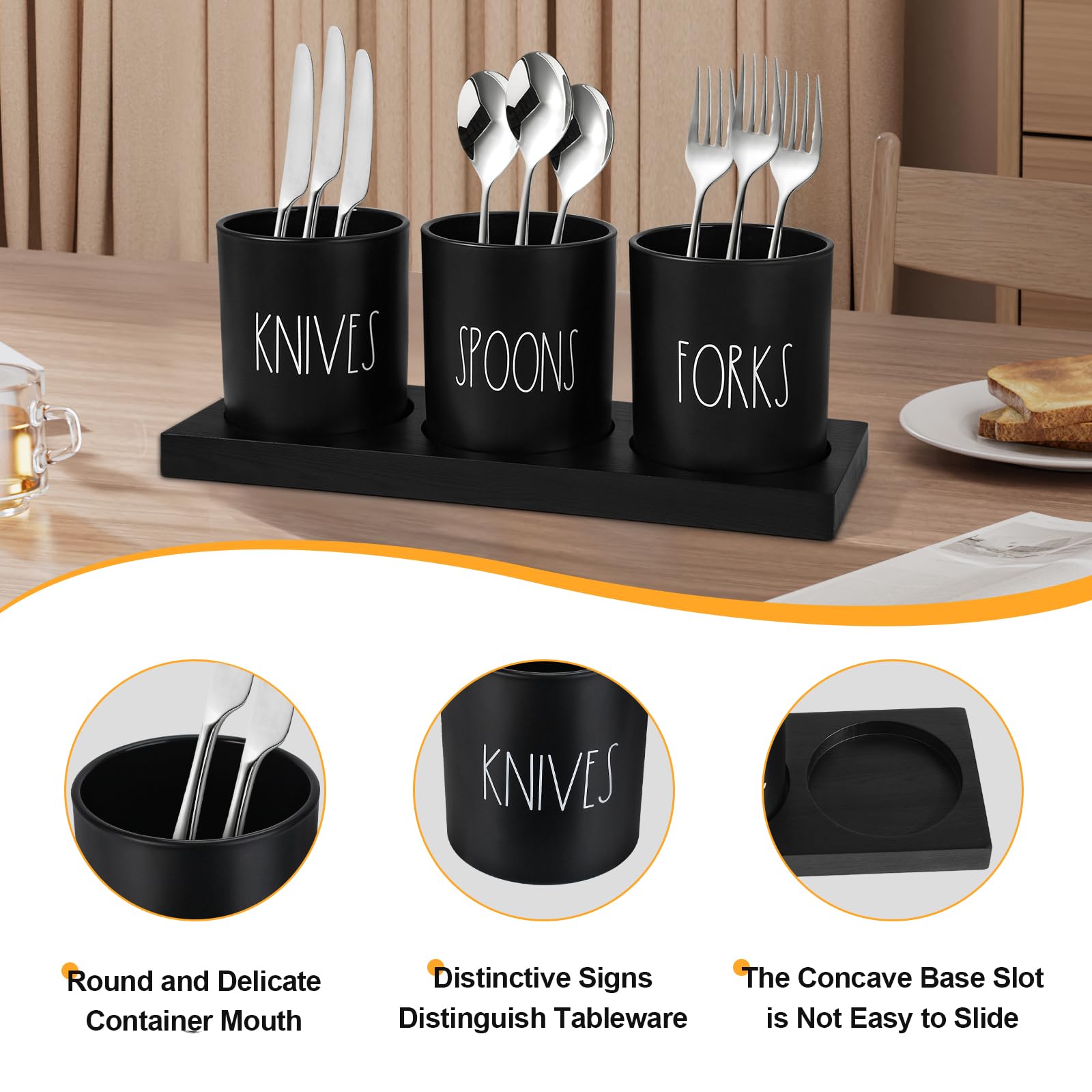 ALPIRIRAL Silverware Caddy, 4 Pieces Kitchen Utensil Holder for Countertop, Black Utensil Holder for Party, Silverware Holder for Party with Wood Tray, Farmhouse Cutlery Holder Storage Organizer