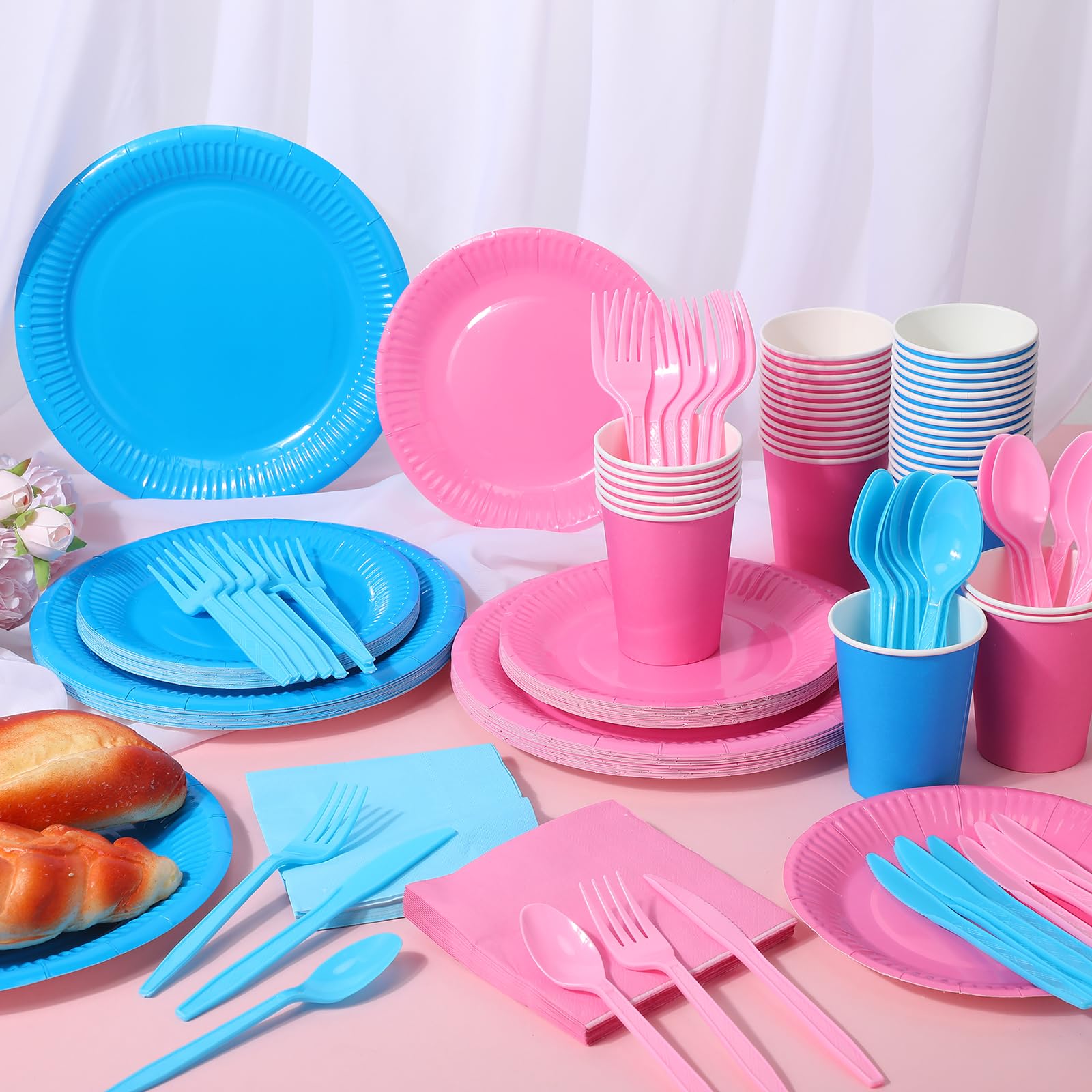 Dandat 280 Pieces Pink Blue Paper Plates and Napkins 9oz Paper Cups Plastic Knives Forks Spoons Disposable Tableware Pack for Gender Reveal Baby Shower Birthday Party Supplies, Serves 40