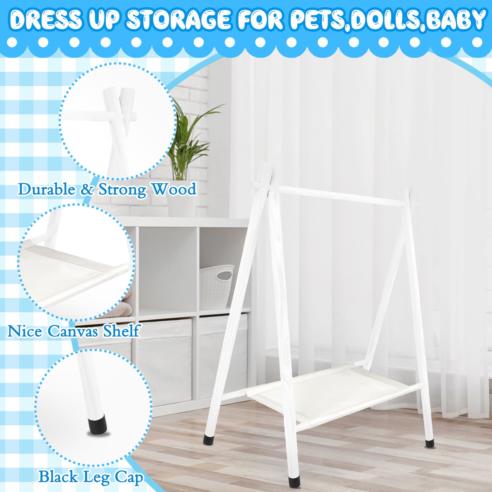 Queekay Kids Clothing Rack Kids Garment Rack for Baby Shower Pets Dolls Baby Dress up Storage Wooden Clothes Organizer with Storage Shelf Hanger Rack(White, Medium)