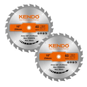 kendo 2-pack 10 inch 40t&60t carbide-tipped circular saw blade with 5/8 inch arbor, professional atb finishing woodworking miter/table saw blades for plywood, laminate, ripping wood