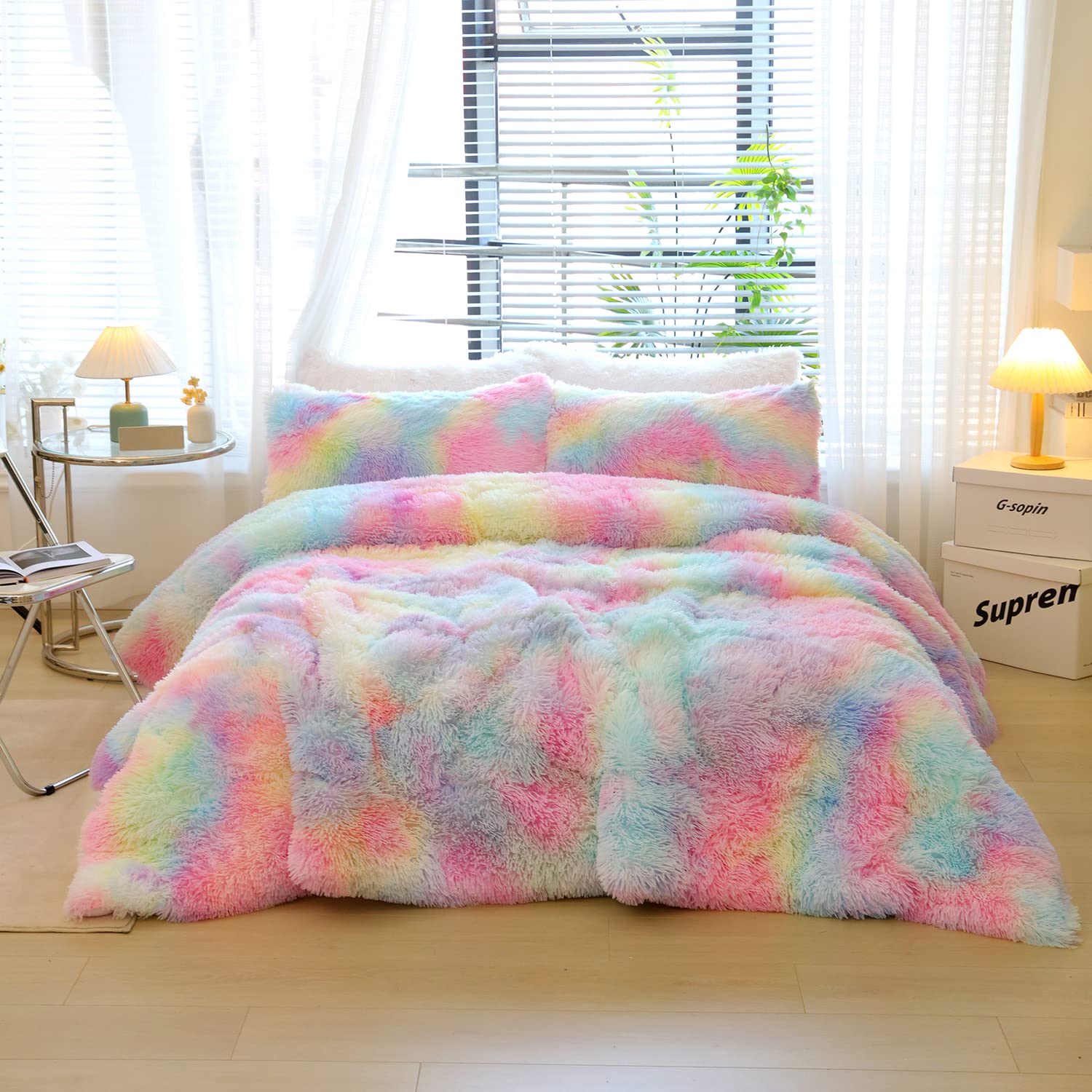 chovy Kids Girls Faux Fur Rainbow Comforter Sets Twin/Full - 3PC Bed Set Soft Warm Comfortable Classical Rabbit Plush Velvet Flannel Fluffy Fuzzy Bedding（Comforter x 1 Pillowcases x 2）