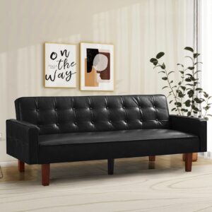 IULULU Futon Sofa Bed, Modern Convertible Faux Leather Sleeper Couch with Armrests for Studio, Office, Apartment, Compact Living, Game Room, Overnight Guests, Black