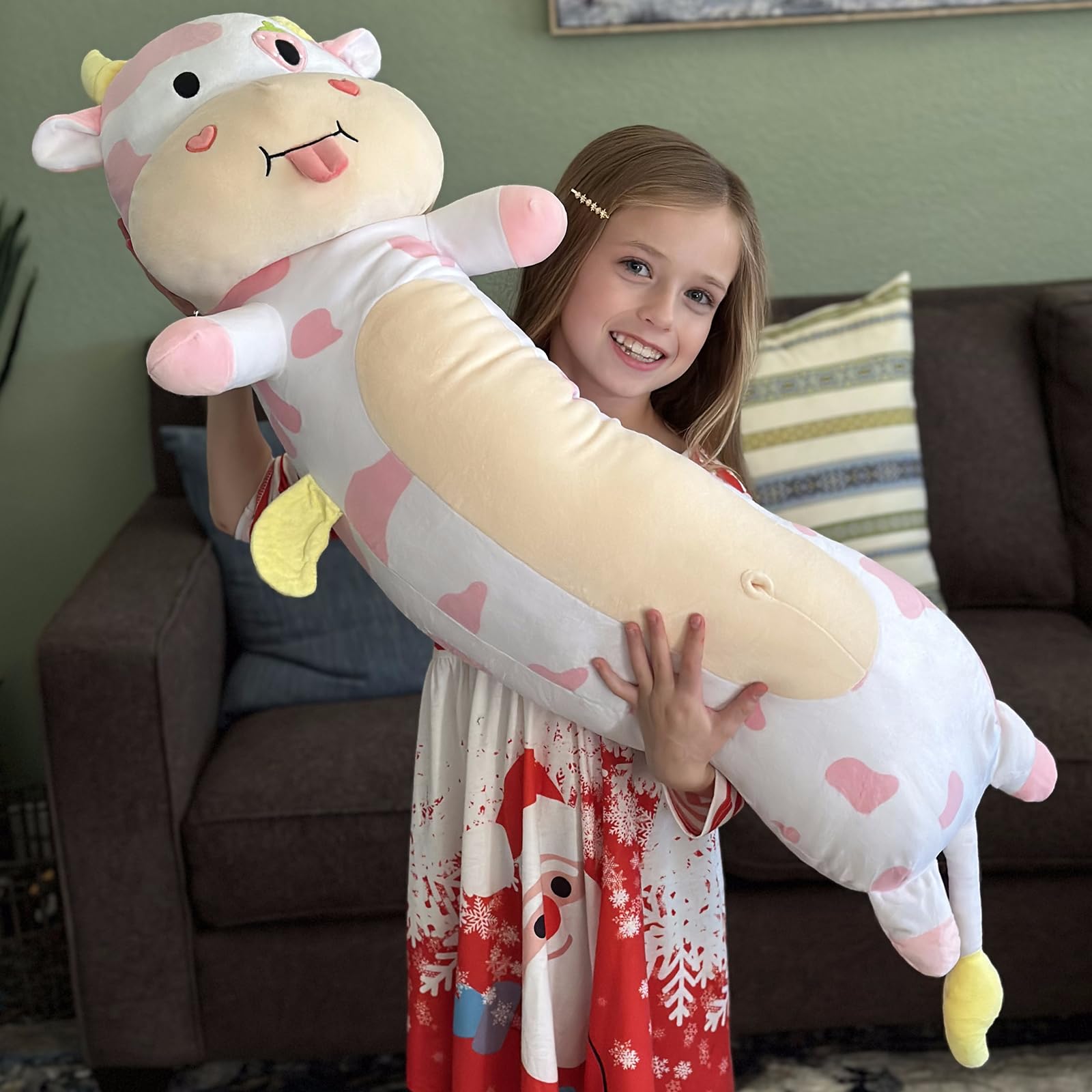 MorisMos Giant Cow Body Pillow 43'' Long Cow Pillow Plush, Pink Cow Stuffed Animal Glow in The Dark, Strawberry Cow Pillow with Heart for Girlfriend Valentine's Day Gift,Girl Boy Kid Body Pillow Gift