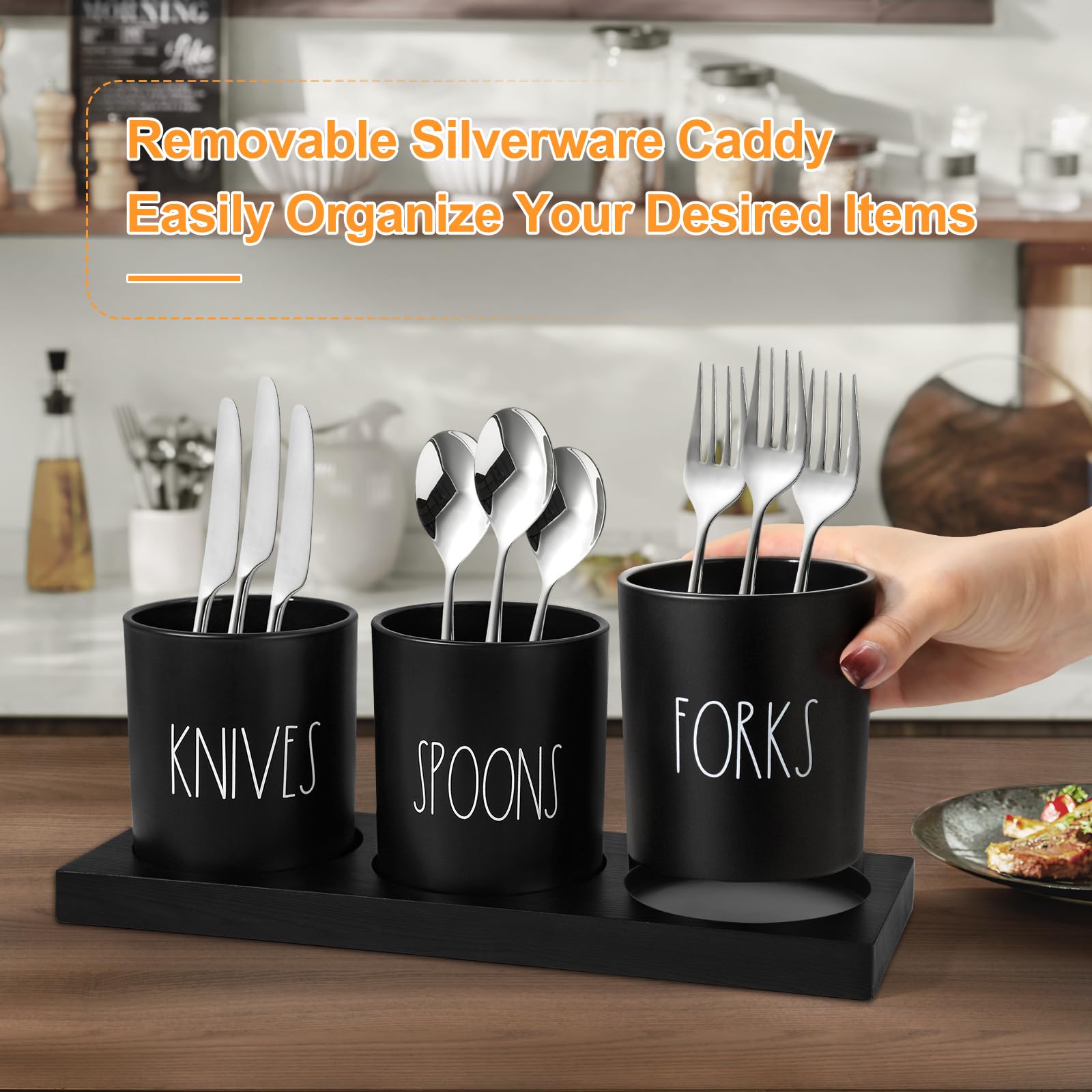 ALPIRIRAL Silverware Caddy, 4 Pieces Kitchen Utensil Holder for Countertop, Black Utensil Holder for Party, Silverware Holder for Party with Wood Tray, Farmhouse Cutlery Holder Storage Organizer