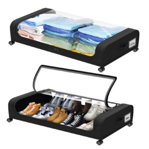 oylik 2 pack under bed storage with wheels, under bed shoe storage larger capacity with pvc clear window & label, under the bed storage containers for shoe clothes toy book(black)