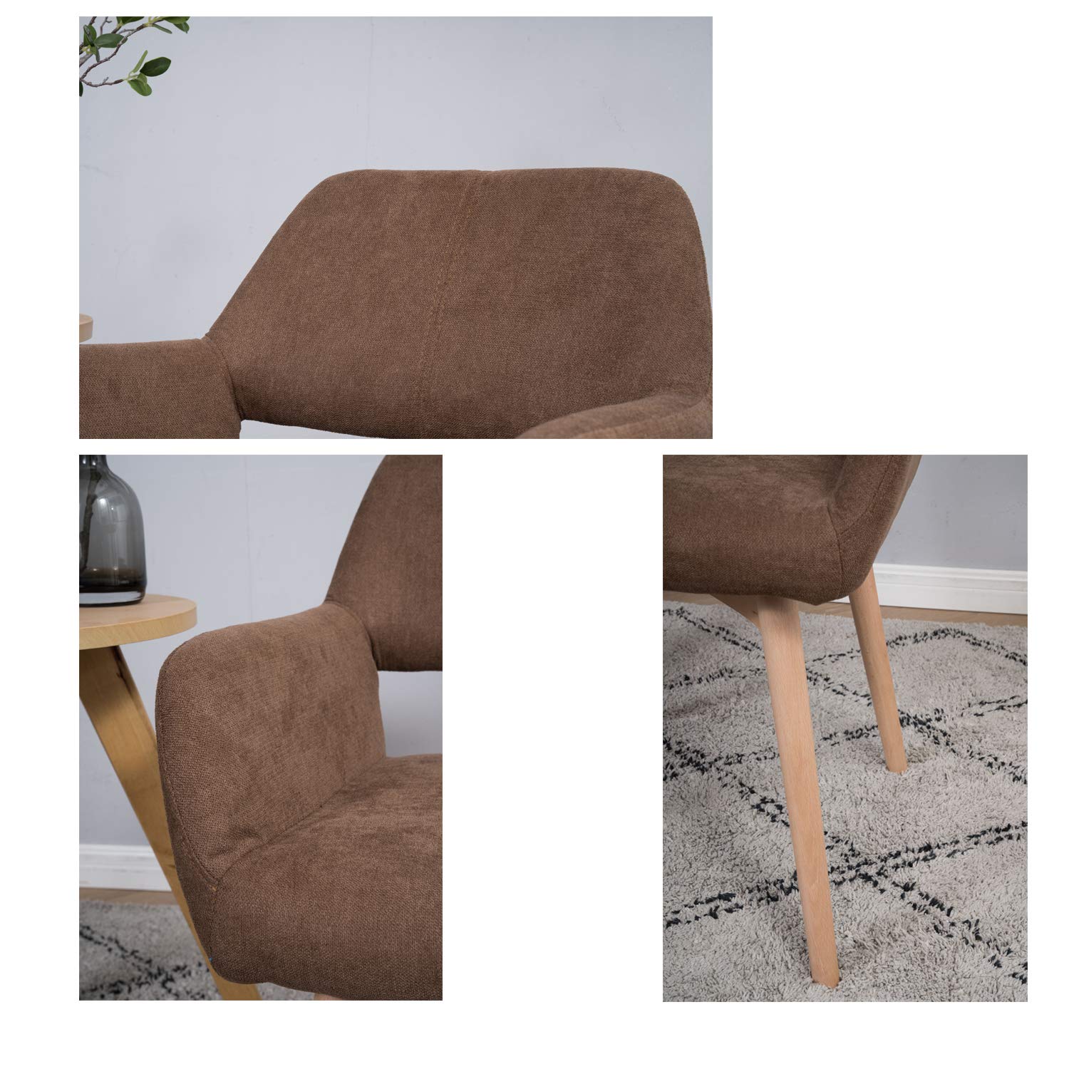 YEEFY Desk Chair No Wheels Vanity Chair Makeup Chair Comfy Accent Chair for Living Dining Room Bedroom Home Office Mid Century Modern Upholstered Arm Chair Sofa Chair (Brown, 1)