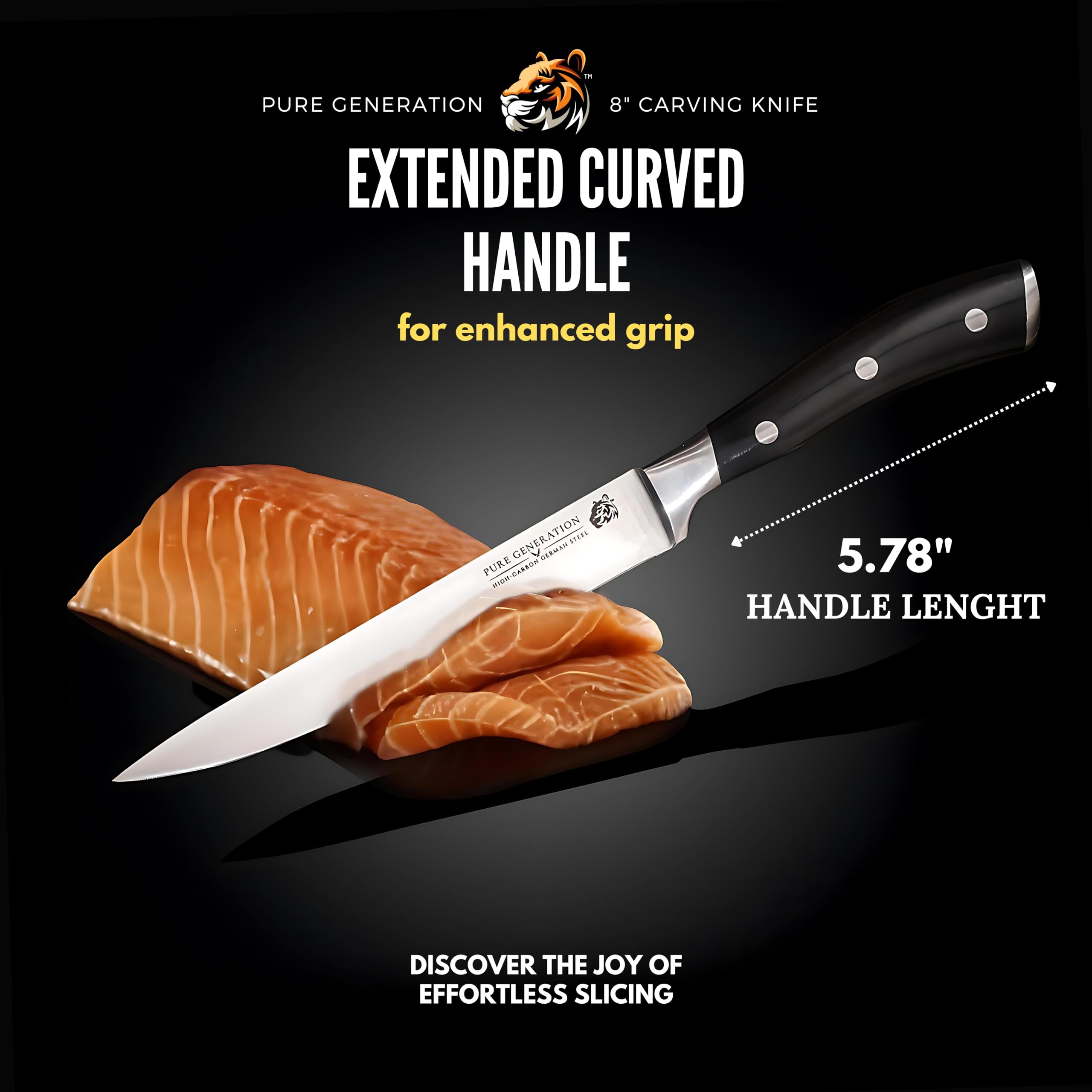 Pure Generation 8" Carving Knife for Meat - Brisket Knife, Razor Sharp German Steel Meat Knife, Slicing Knife for Turkey, Ham & Fruit, BBQ Knife, Meat Cutting Knife, Long Knife with Ergonomic Handle