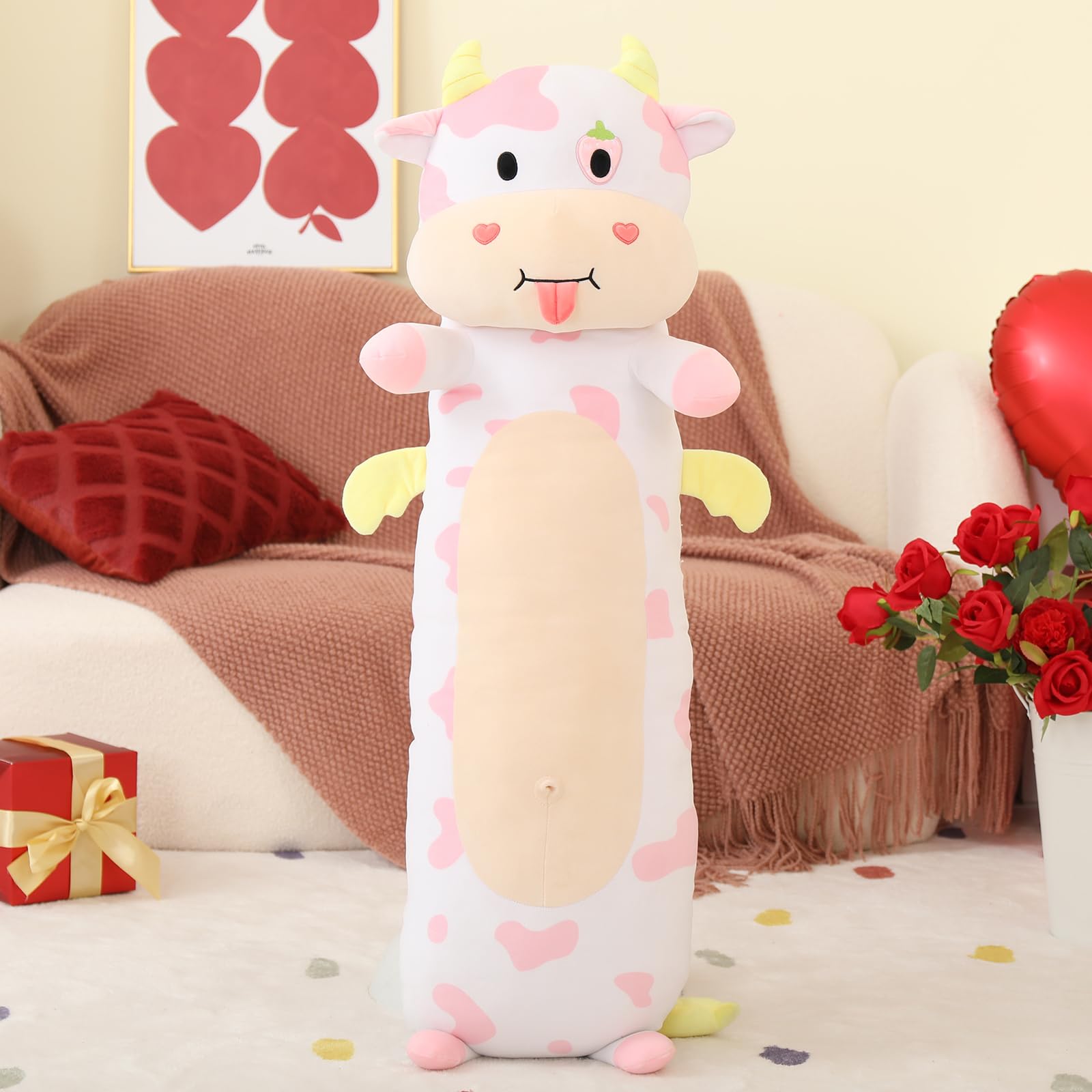 MorisMos Giant Cow Body Pillow 43'' Long Cow Pillow Plush, Pink Cow Stuffed Animal Glow in The Dark, Strawberry Cow Pillow with Heart for Girlfriend Valentine's Day Gift,Girl Boy Kid Body Pillow Gift