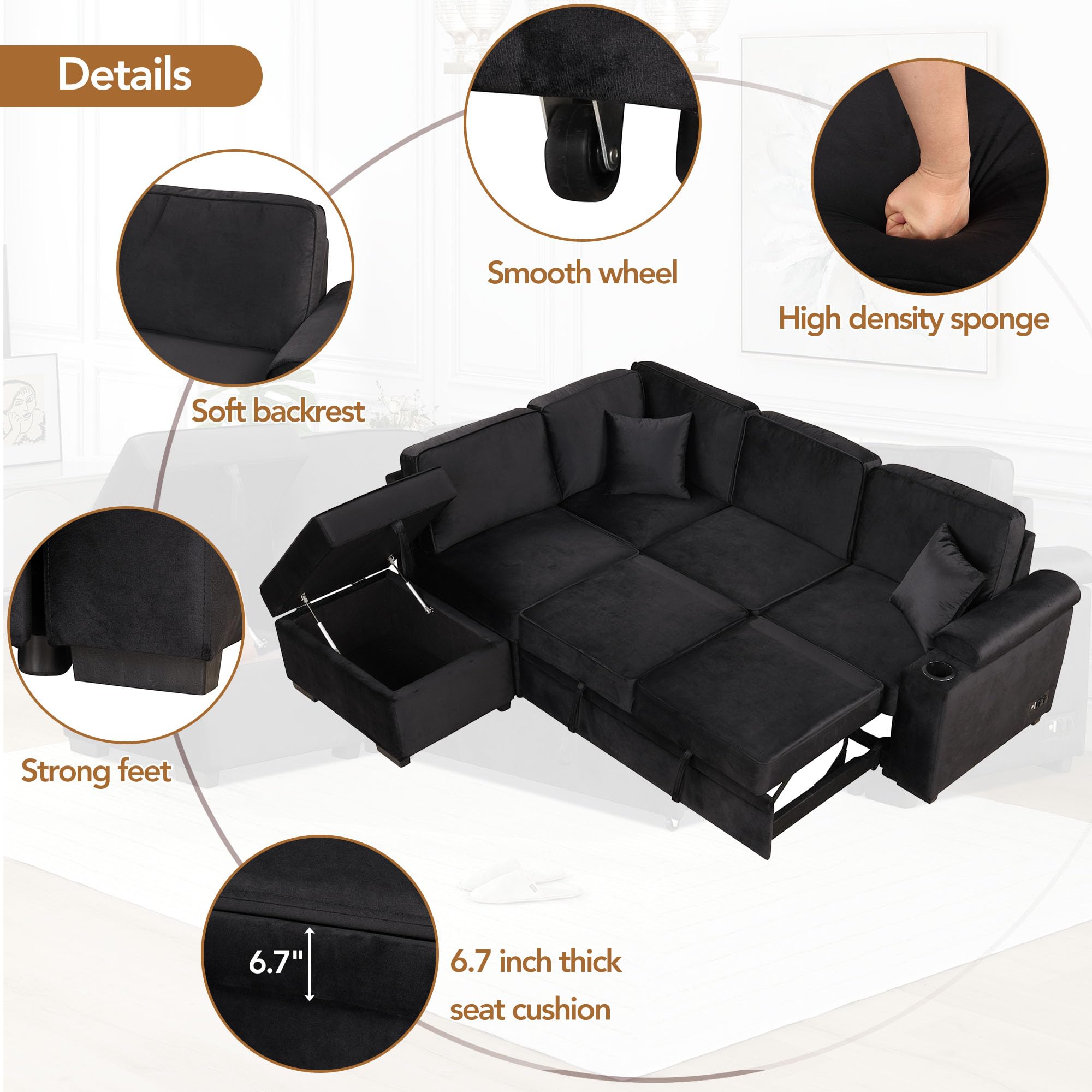 Merax L Shaped Sectional Sofa Couch Pull Out Sleeper Bed with Storage Ottoman for Living Room, Small Apartment Love Seats, Black_Linen