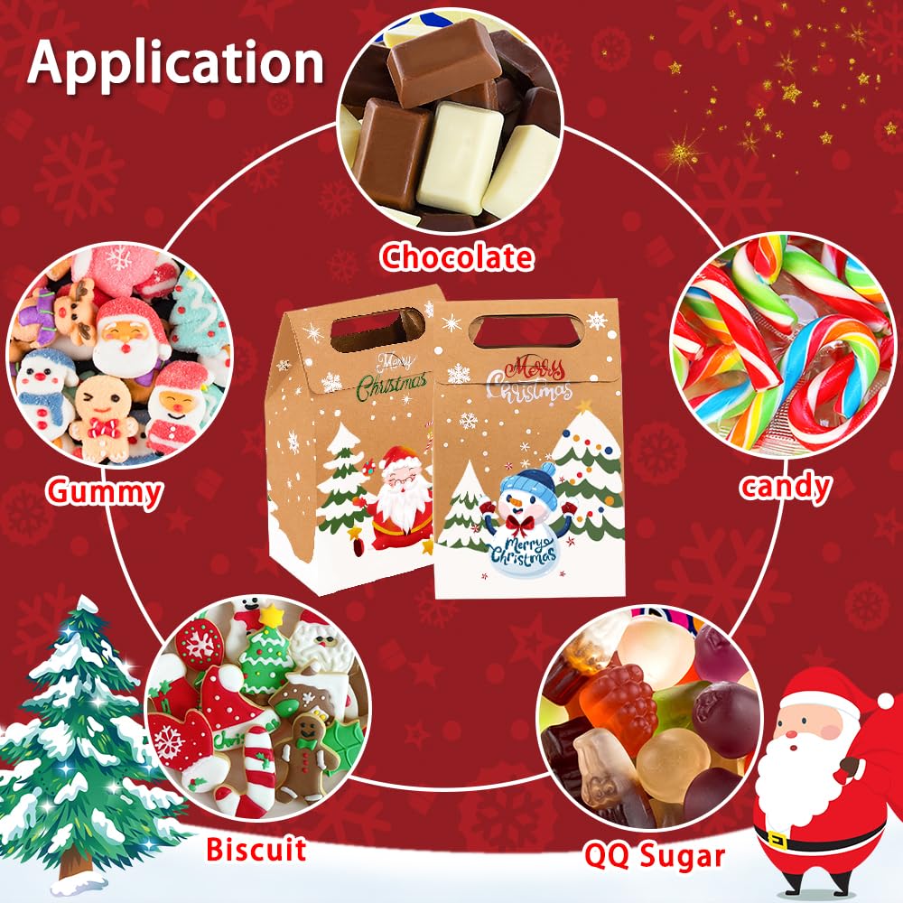 Vellibring 24PCS Christmas Kraft Candy Boxes,Christmas Kraft Paper Cookies Candy Treat Boxes Bags for Christmas Gift Wrapping Boxes Xmas Party Supplies Decorations