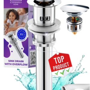 Premium Pop Up Drain with Overflow 1.6"- 1.9" Universal Bathroom Drain Kit - Chrome Bathroom Sink Drain with Overflow All Metal Rustproof Brass and 304 Stainless Steel - Push Button Sink Drain