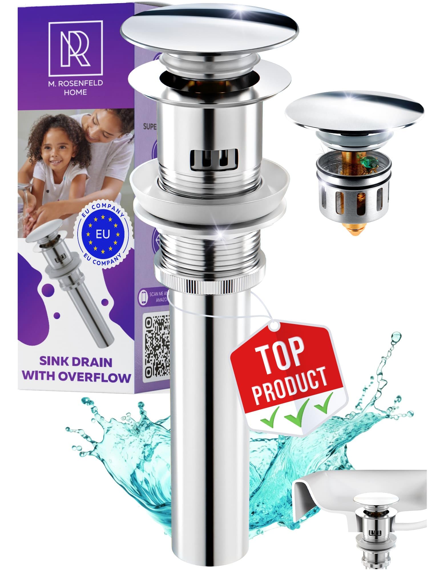 Premium Pop Up Drain with Overflow 1.6"- 1.9" Universal Bathroom Drain Kit - Chrome Bathroom Sink Drain with Overflow All Metal Rustproof Brass and 304 Stainless Steel - Push Button Sink Drain