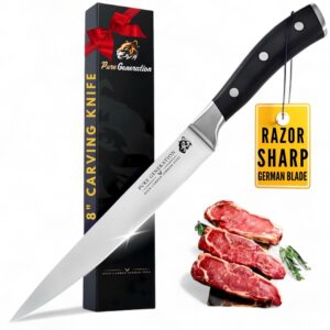 pure generation 8" carving knife for meat - brisket knife, razor sharp german steel meat knife, slicing knife for turkey, ham & fruit, bbq knife, meat cutting knife, long knife with ergonomic handle