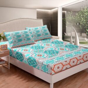 Feelyou Aqua Bed Sheet Set Lattice Boho Sheets Set Queen Size for Girls Women Teens College Bohemian Bedding Set Exotic Floral Tribal Bed Sheets with Deep Pocket Fitted Sheet Room Decor Bed Set