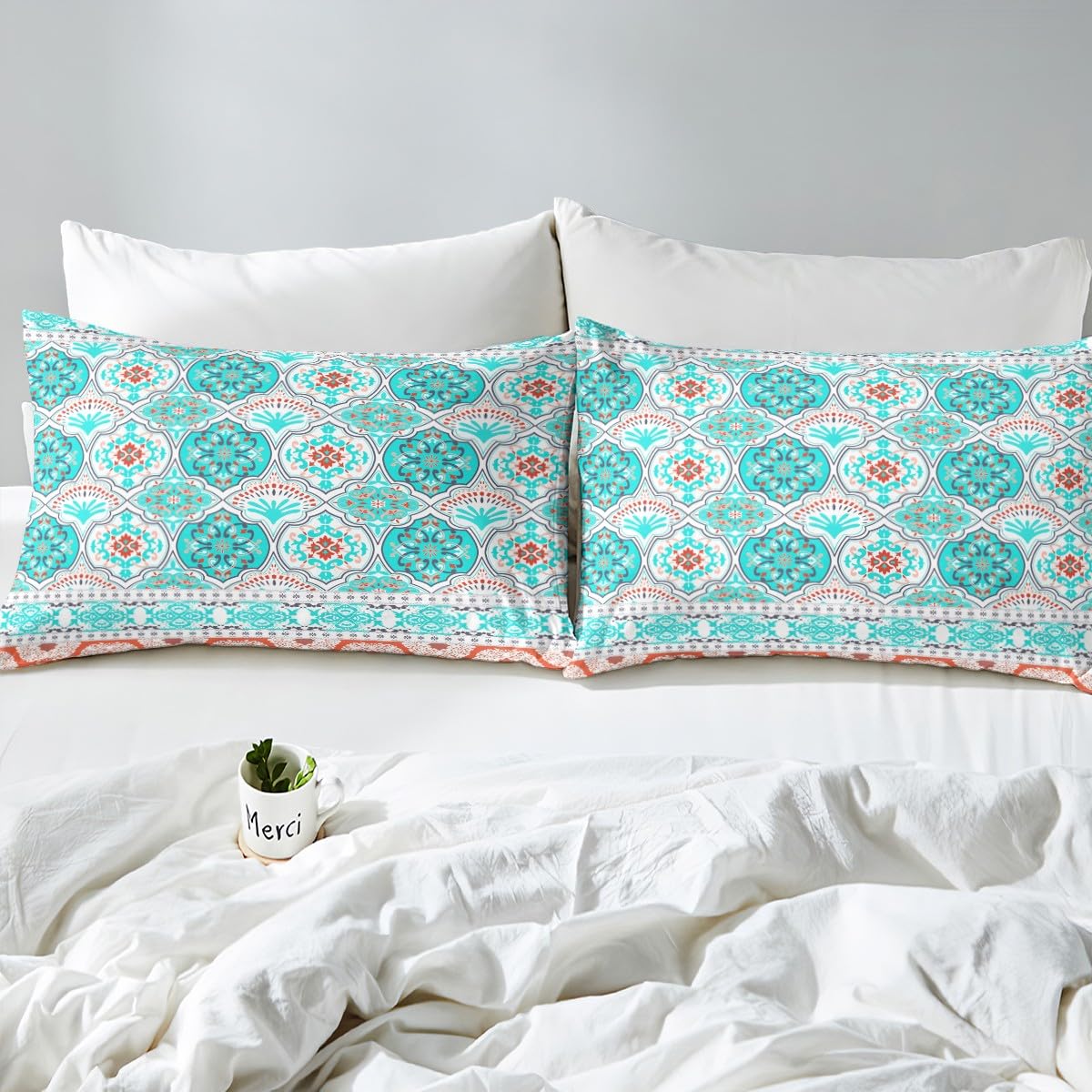 Feelyou Aqua Bed Sheet Set Lattice Boho Sheets Set Queen Size for Girls Women Teens College Bohemian Bedding Set Exotic Floral Tribal Bed Sheets with Deep Pocket Fitted Sheet Room Decor Bed Set