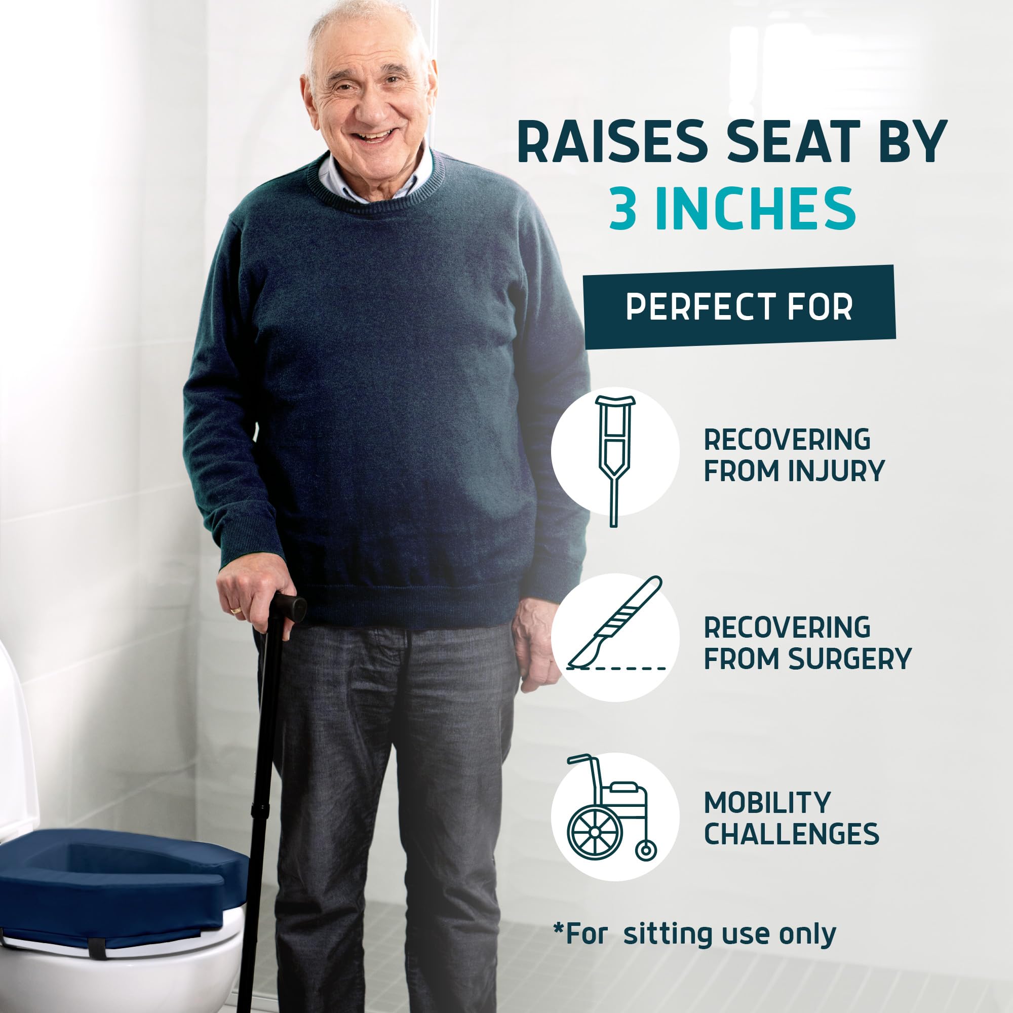 Lunderg Toilet Seat Riser for Seniors - Adds 3 inches - Universal Fit - FIRM Raised Toilet Seat Cushion with High-Density Foam for enhanced Comfort & Elevation. Post-Surgery Must Have (Blue)