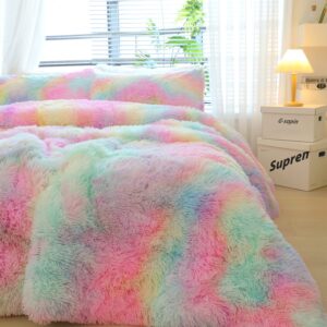 chovy Kids Girls Faux Fur Rainbow Comforter Sets Twin/Full - 3PC Bed Set Soft Warm Comfortable Classical Rabbit Plush Velvet Flannel Fluffy Fuzzy Bedding（Comforter x 1 Pillowcases x 2）