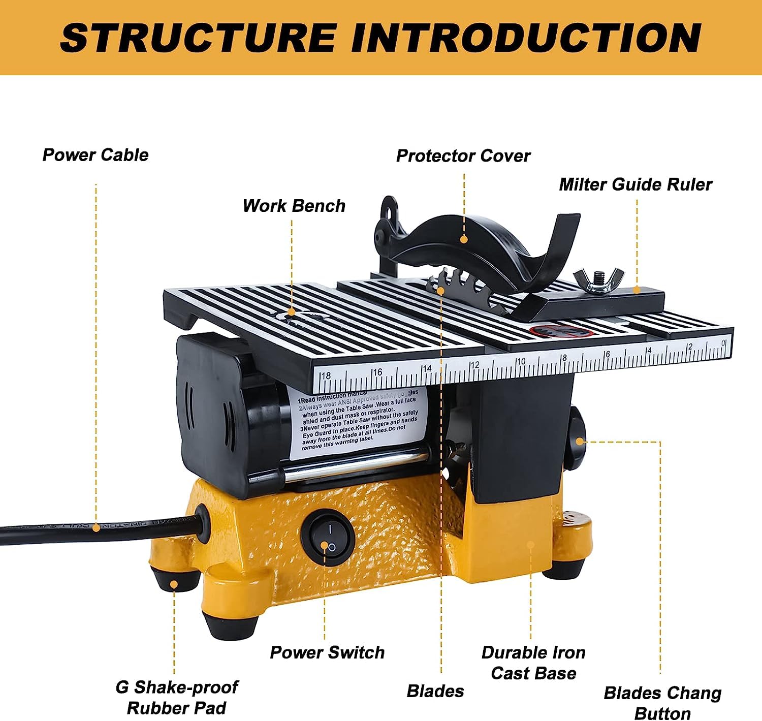 Yaegoo 4" Mini Table Saw, 60W 110V Portable Miter Saw Hobby Table Saw Bench Electric Cutting Machine for DIY Handmade Woodworking Crafts, 3 Blades