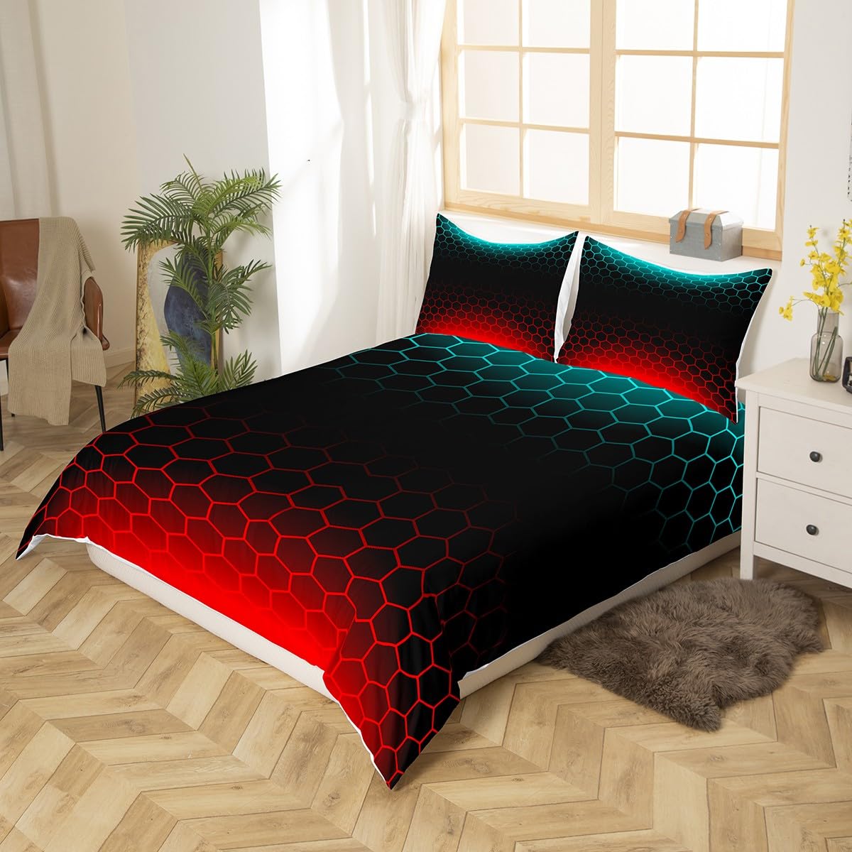 Red Blue Ombre Duvet Cover Full, Geometric Honeycomb Bedding Set Abstract Ombre Honeycomb Comforter Cover Beehive Hexagon Bedspread Cover Bed Set with 2 Pillow Case (No Comforter)