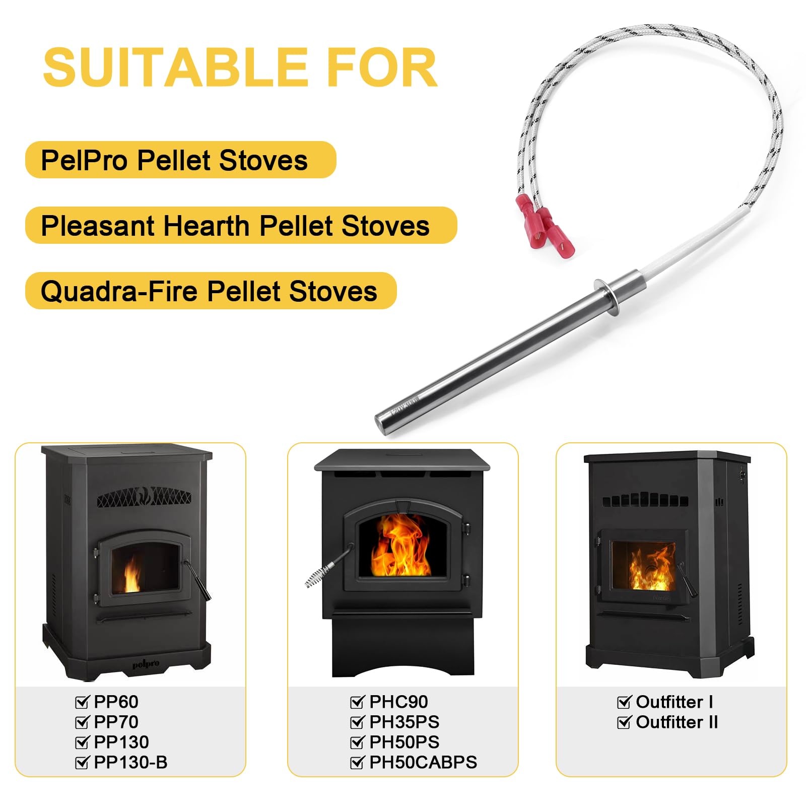 Adviace SRV7000-660 Igniter for Pelpro PP130, PP130-B, PP60, PP70, PPC90, TSC90 Pellet Stove, Pleasant Hearth PH35PS, PH50CABPS and Quadra-Fire Outfitter I Pellet Stoves, 300W Stove Ignitor Parts.