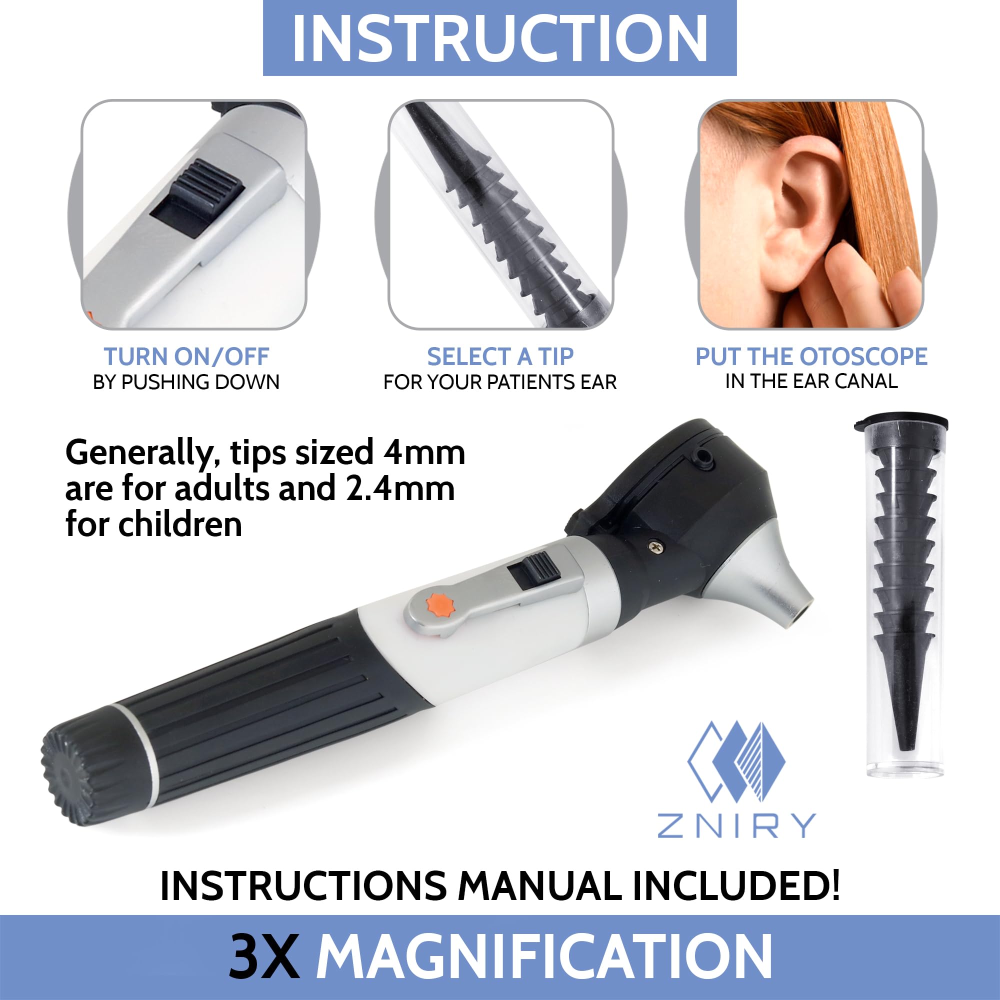 Zniry Fiber Optic Mini Otoscope - Ear Scope with Light, Ear Infection Detector (Black Color)