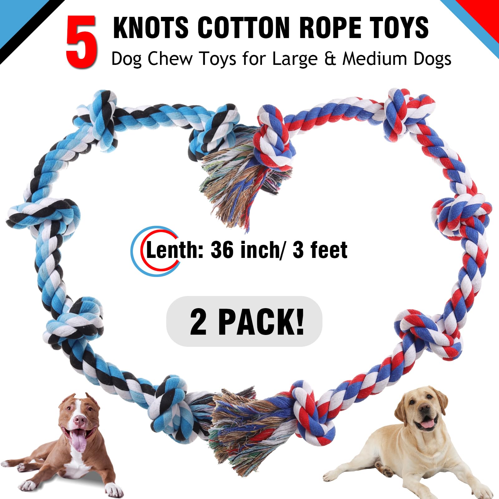 XIGOU Dog Rope Toys for Large Dogs Aggressive Chewers, Dog Chew Toys for Large Breed Indestructible, Heavy Duty Tough 3 Feet 5 Knots Dog Toy, Sturdy Rope toy for Dogs Tug of War Dog Toy Teeth Cleaning