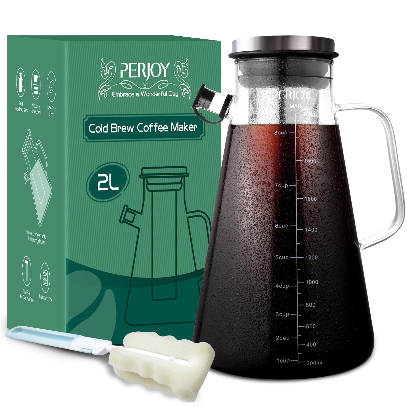 Perjoy Cold Brew Coffee Maker- 64oz/2qt Glass Iced Coffee Maker with Super Dense Stainless Steel Filter & Lid, Airtight Cold Brew Pitcher for Coffee,Ice Tea,Fruit Drinks,Lemonade