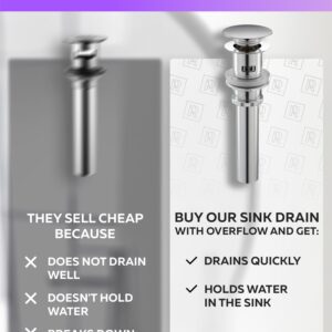 Premium Pop Up Drain with Overflow 1.6"- 1.9" Universal Bathroom Drain Kit - Chrome Bathroom Sink Drain with Overflow All Metal Rustproof Brass and 304 Stainless Steel - Push Button Sink Drain