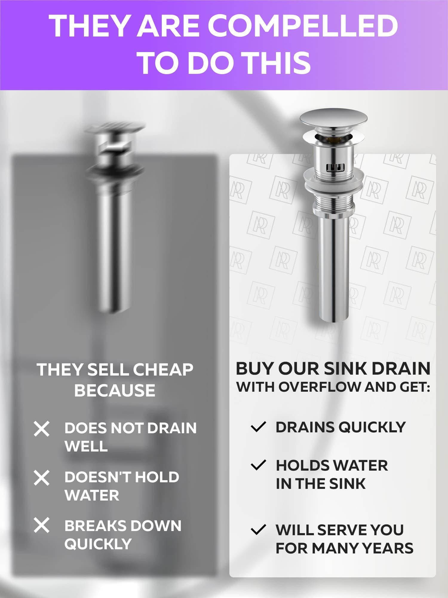 Premium Pop Up Drain with Overflow 1.6"- 1.9" Universal Bathroom Drain Kit - Chrome Bathroom Sink Drain with Overflow All Metal Rustproof Brass and 304 Stainless Steel - Push Button Sink Drain