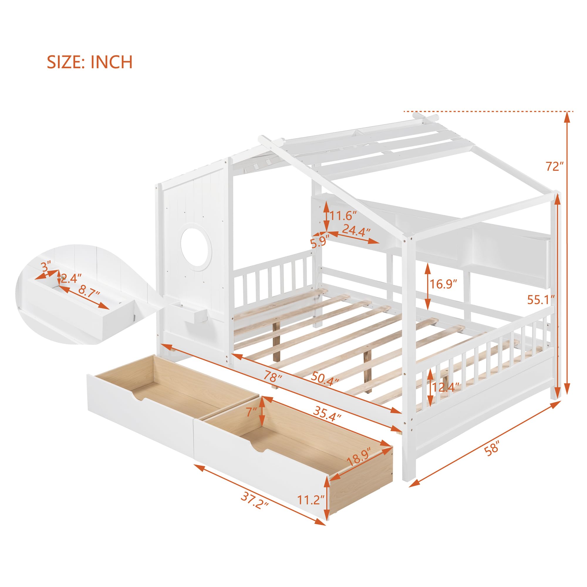 Tdewlye Wooden Full Size House Bed with 2 Drawers,Kids Bed with Storage Shelf, Montessori Bed with Roof and Window Design for Girls Boys (White-07)