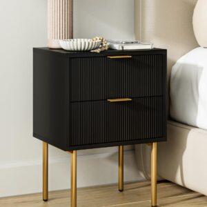 AEPOALUA Nightstand,Small Bedside Table with Gold Frame,White Night Stand,Bedside Furniture,Side Table with Drawer and Shelf for Bedroom,Living Room (Mid-Century-Stripe, Black.)