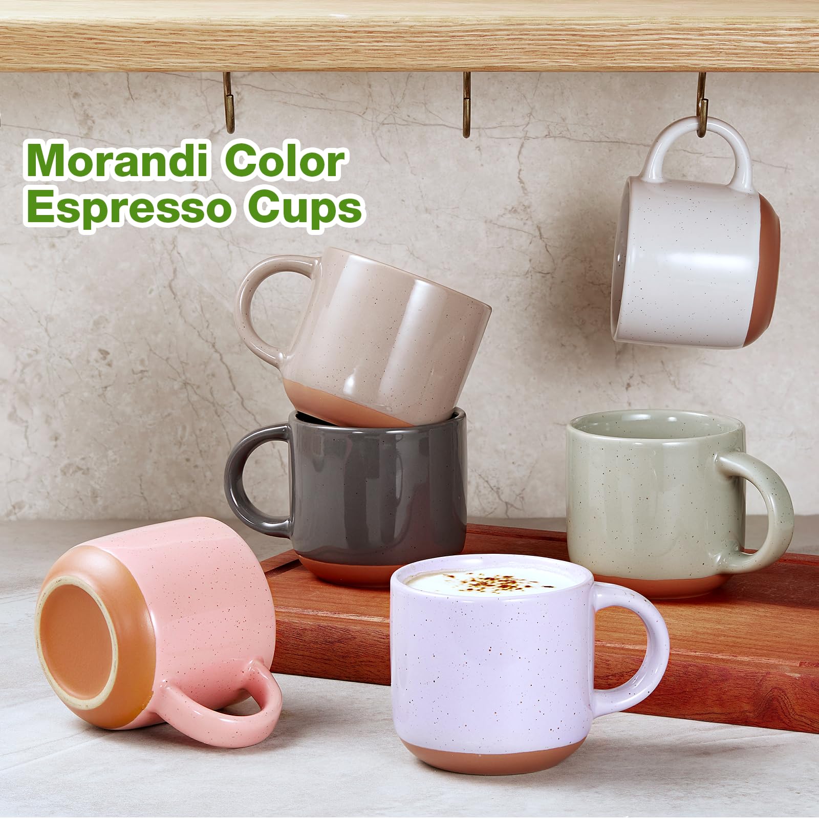 Morandi Color Ceramic Mini Espresso Cups Set of 6, 5 oz Espresso Mugs with Handle, Porcelain Coffee Mugs Demitasse Cups, Modern Style Espresso Cups, Microwave Dishwasher Safe Suit for Espresso Machine