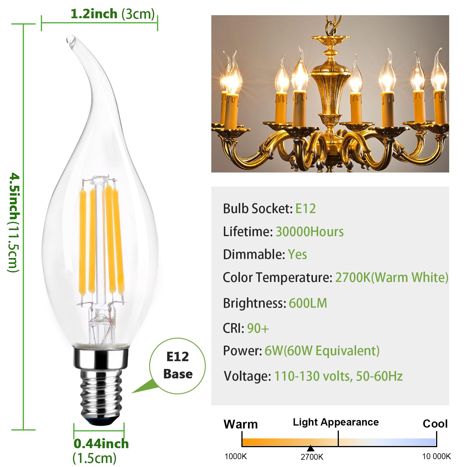 Volxon 5Pack E12 Chandelier Bulb Dimmable 2700k Warm White 600LM Equivalent 60Watt E12 LED Bulb Vintage Filament C35T/CA10 LED Candle Bulbs Suitable for Living and Dining Room