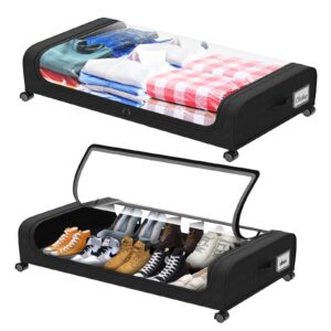 invocoo 2 pack under bed storage with wheels, large capacity under bed storage containers with clear lid,handle,label, rolling under bed shoe storage organizer for clothes toy shoe blanket (black)