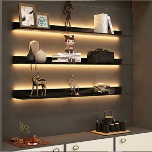 wall mounted light-emitting shelves, storage shelf floating display shelf led light up can hold a lot of things objects are not easy to fall (color : black, size : 150x23x7.5cm)