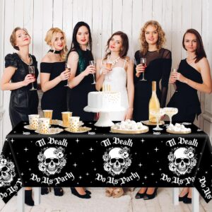 CMUSKO 3Pcs Til Death Do Us Party Tablecloths-Halloween Bachelorette Decorations Black Gothic Skull Disposable Rectangular Plastic Table Cover for Bridal Shower Engagement Party