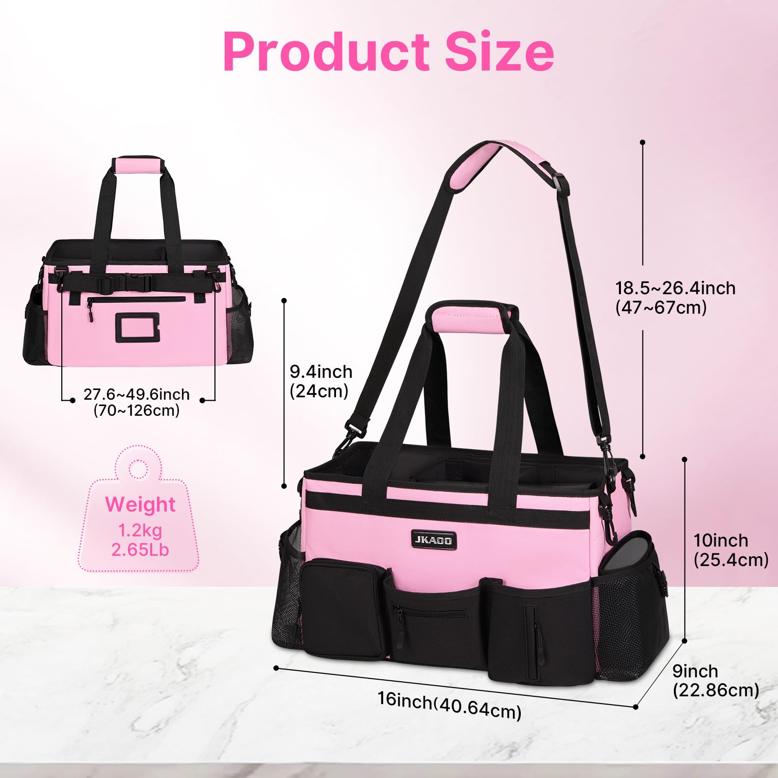 JKAOO Large Wearable Cleaning Caddy Bags,Cleaning Supplies Storage Bag with Handles and Adjustable Shoulder Strap and Removable Waist Straps,Waterproof Cleaning Bags for Home,Car,Office (Pink)