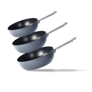 tiajo 3-piece non-stick deep frying pan, saute pan set - 8 inch/1.8 qt, 9.5 inch/2.9 qt and 11 inch/4.5 qt skillet, induction compatible cookware, stainless steel handle, oven safe (gray)