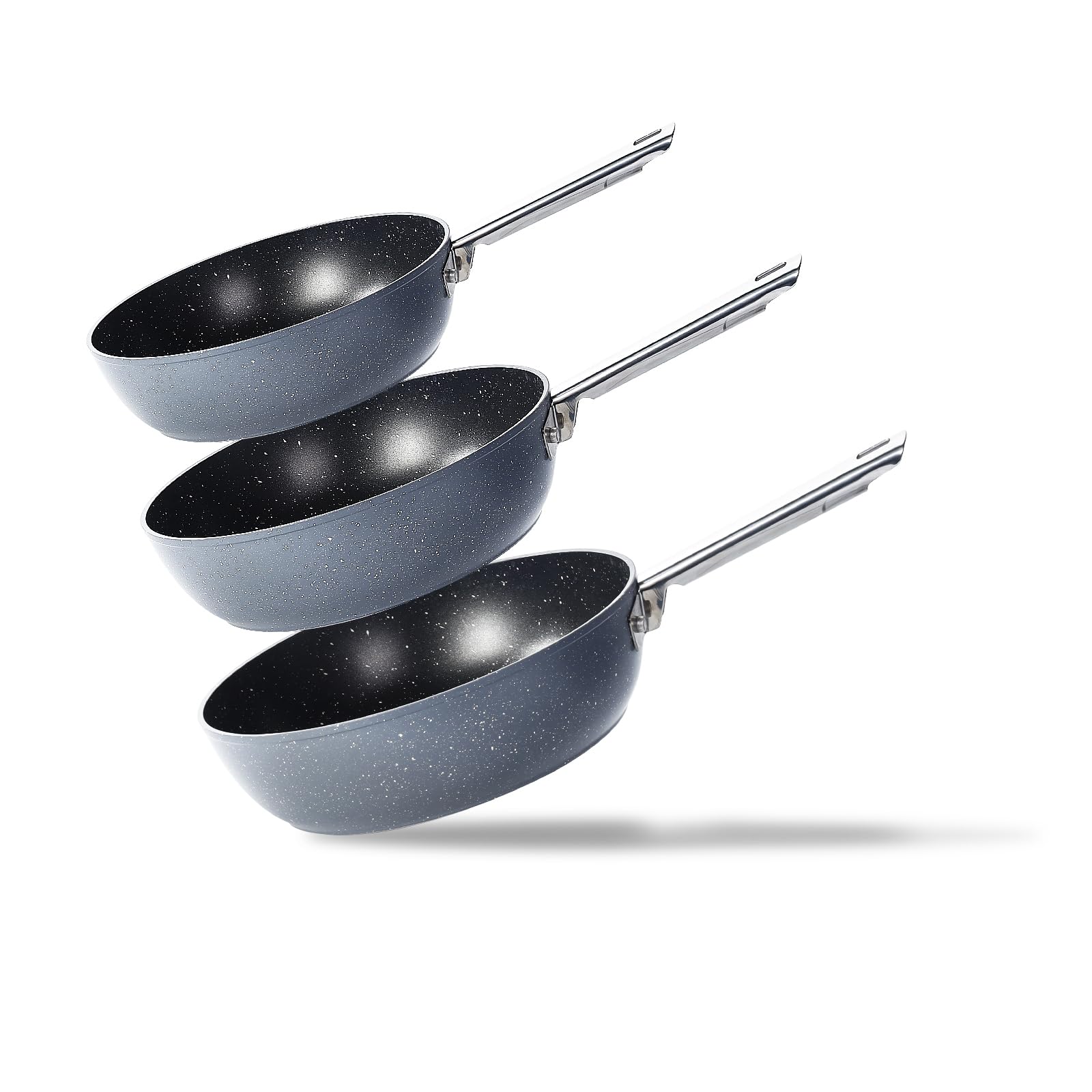 TIAJO 3-Piece Non-Stick Deep Frying Pan, Saute Pan Set - 8 Inch/1.8 Qt, 9.5 Inch/2.9 Qt and 11 Inch/4.5 Qt Skillet, Induction Compatible Cookware, Stainless Steel Handle, Oven Safe (Gray)