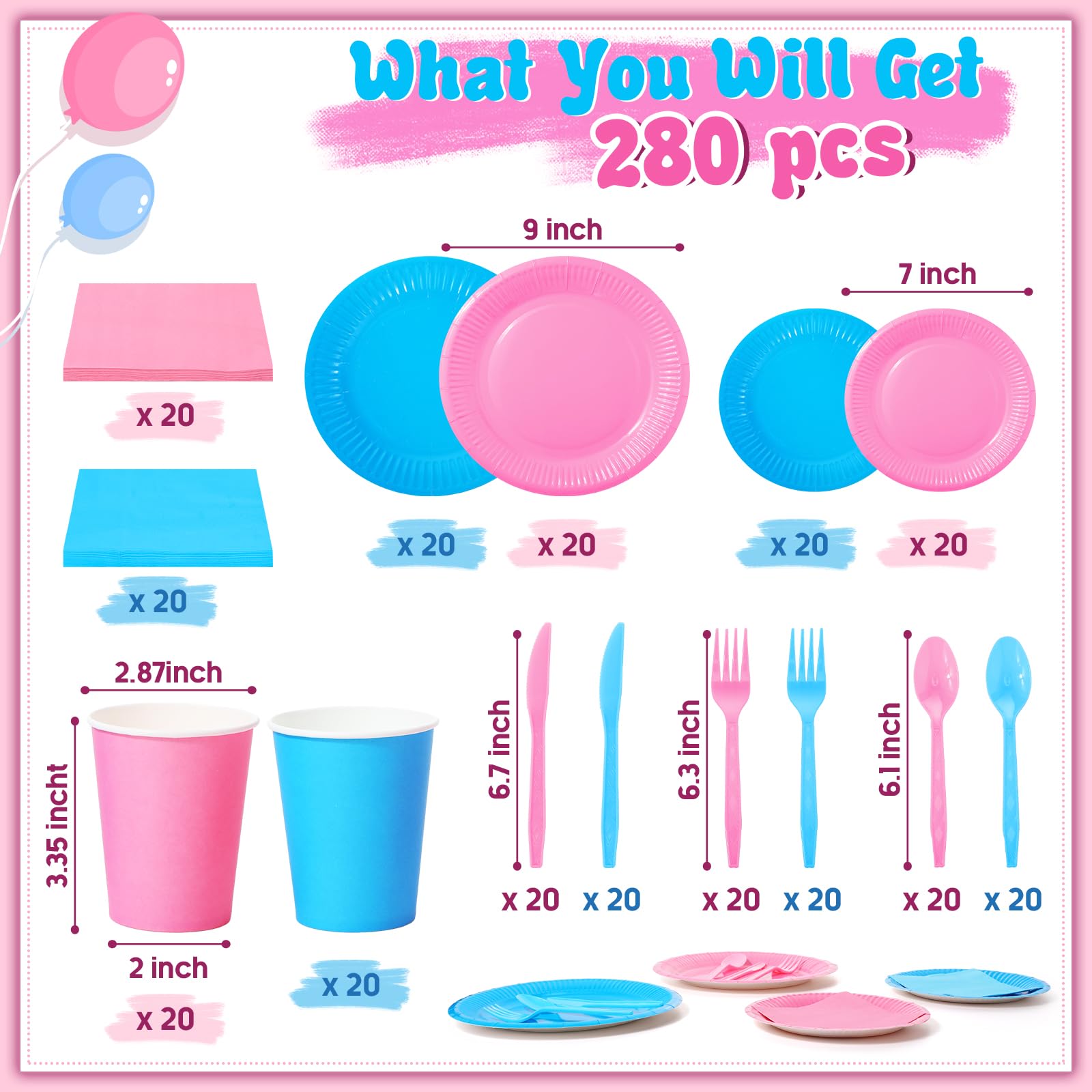 Dandat 280 Pieces Pink Blue Paper Plates and Napkins 9oz Paper Cups Plastic Knives Forks Spoons Disposable Tableware Pack for Gender Reveal Baby Shower Birthday Party Supplies, Serves 40