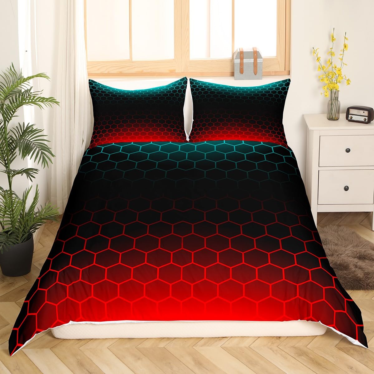 Red Blue Ombre Duvet Cover Full, Geometric Honeycomb Bedding Set Abstract Ombre Honeycomb Comforter Cover Beehive Hexagon Bedspread Cover Bed Set with 2 Pillow Case (No Comforter)