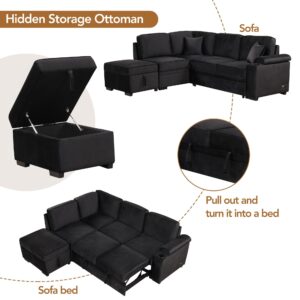 Merax L Shaped Sectional Sofa Couch Pull Out Sleeper Bed with Storage Ottoman for Living Room, Small Apartment Love Seats, Black_Linen